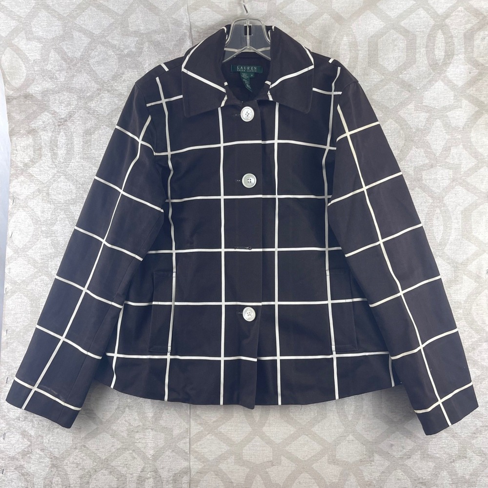 Lauren Ralph Lauren Womens Black White Windowpane Grid Button Barn Jacket Medium